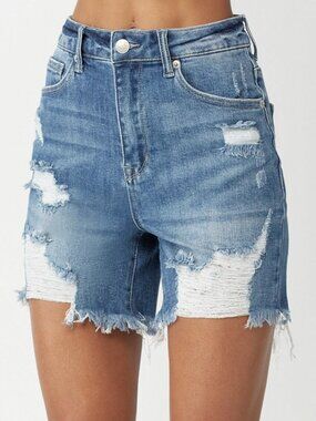 Risen Jeans Women's Brinley High Rise 5" Distressed Jean Denim Shorts Size Large
